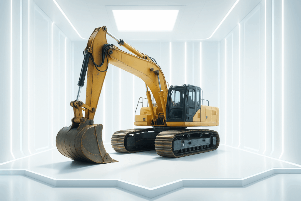An excavator in a futuristic room representing how to use ai in construction