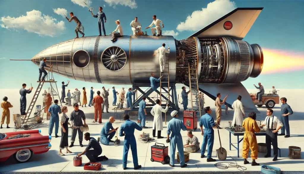 A large team of engineers working together to create a rocketship.
