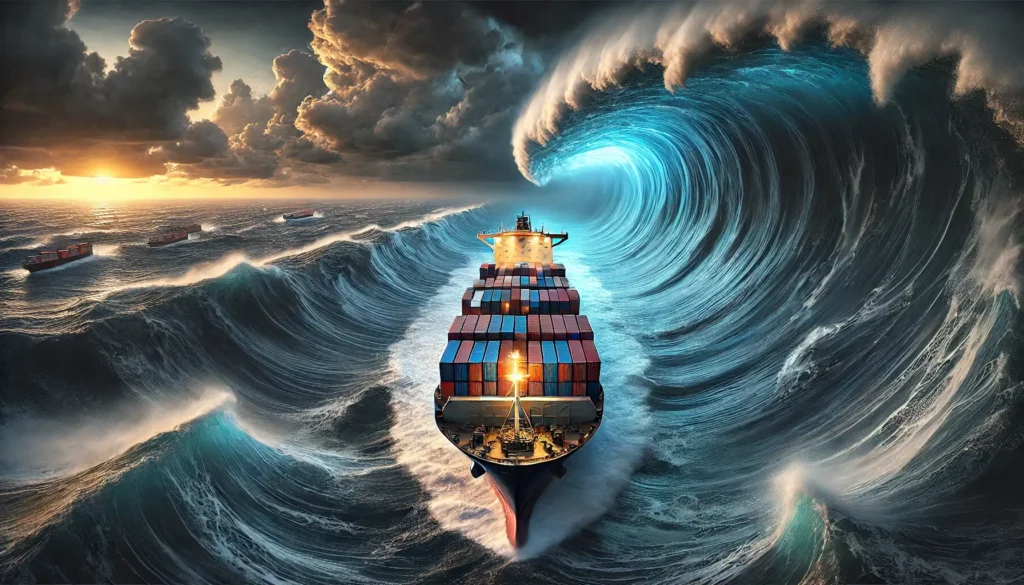 A large wave at sea approaching a cargo ship