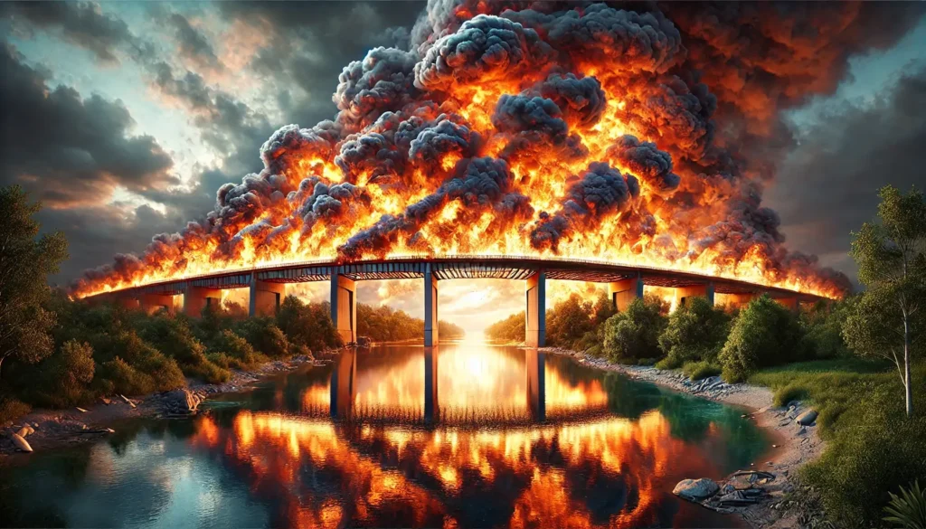 A burning bridge representing how to decline an interview invitation and maintain relationships.