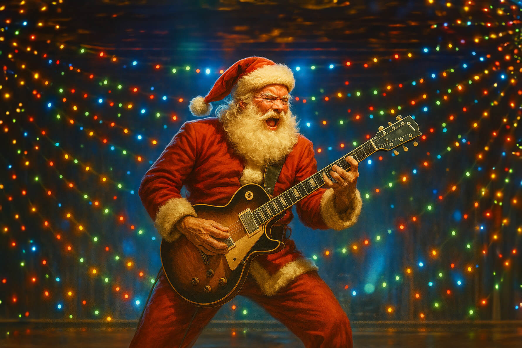 Santa playing guitar representing company Christmas games that rock.