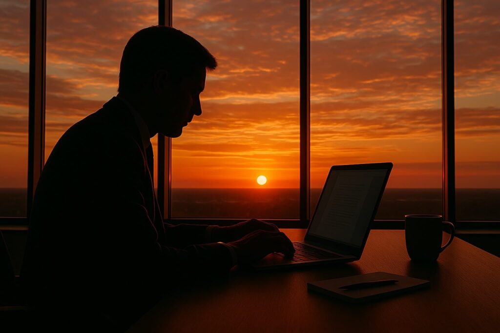 A businessman typing on his computer in front of a sunset representing how to write a 2-week notice