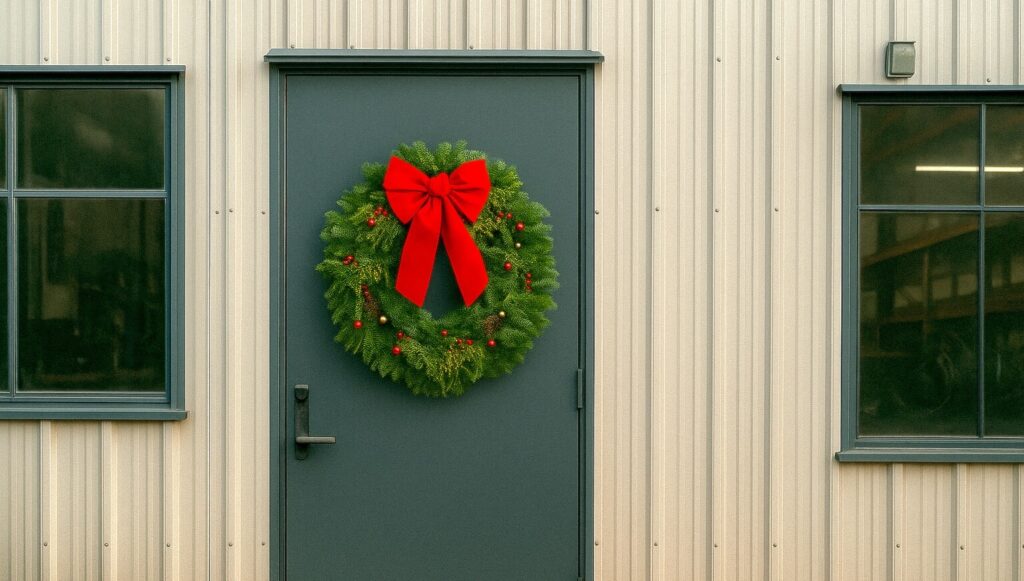 A wreath on the door of a manufacturing business representing holiday staffing.