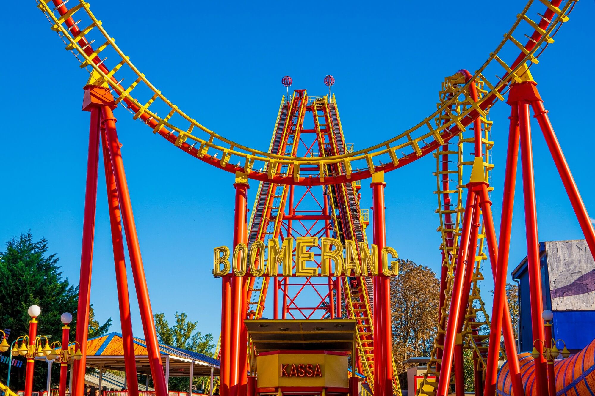 Bright red and yellow Boomerang roller coaster, a fitting symbol for interview questions for boomerang employees
